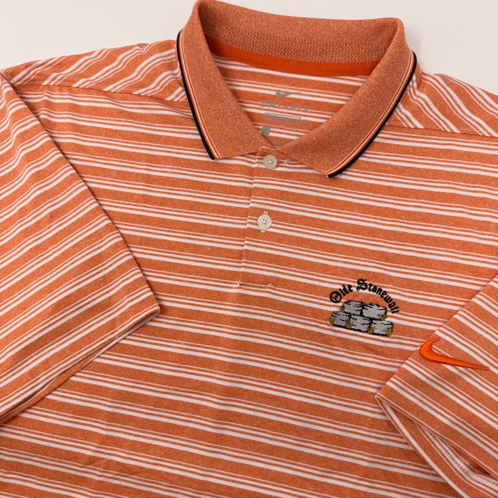 Nike Dri-FIT Mens Large Orange Striped Olde Stonewall Golf Polo Shirt